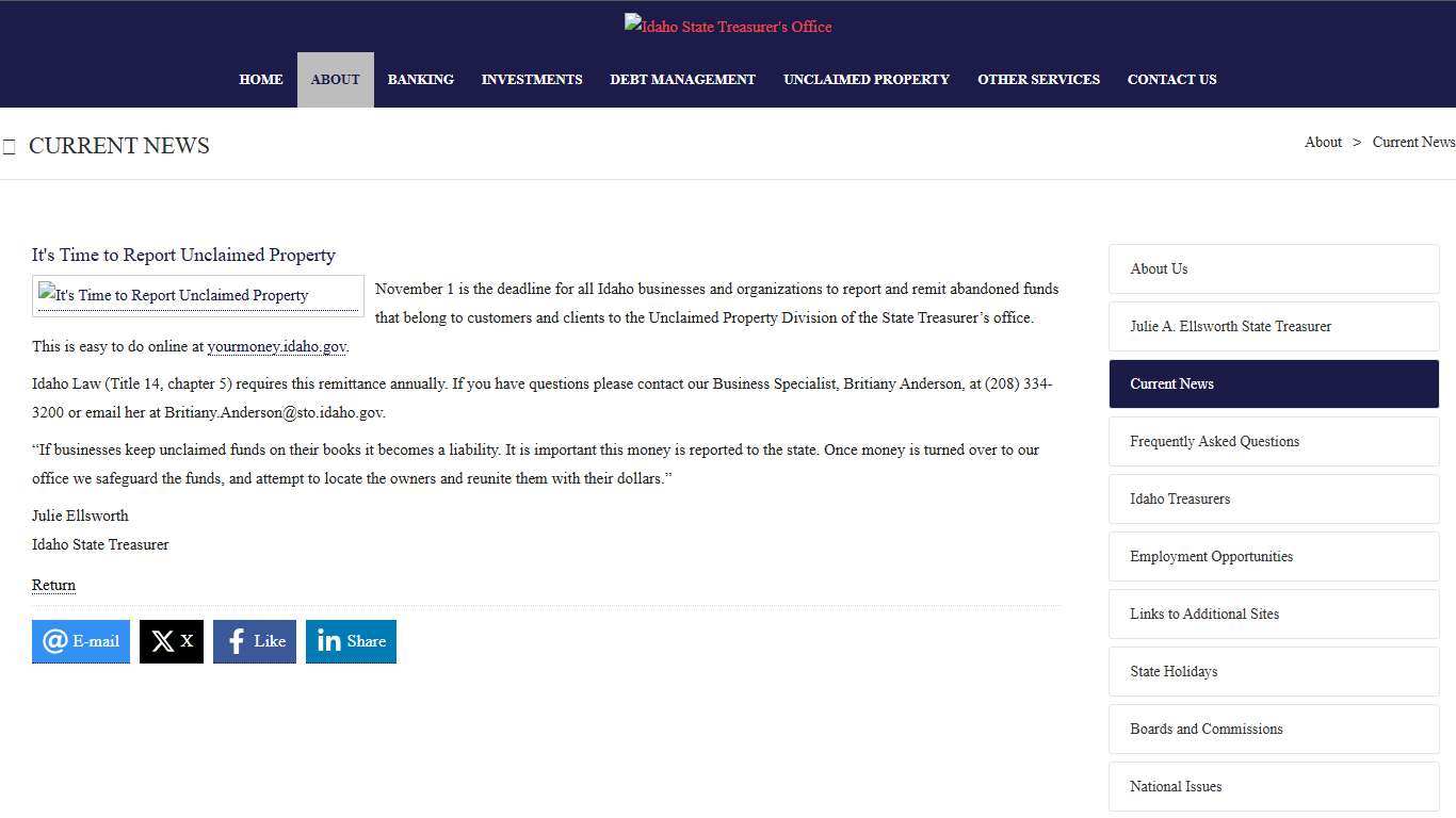 Report Unclaimed Property - Idaho State Treasurer's Office > About > Current News