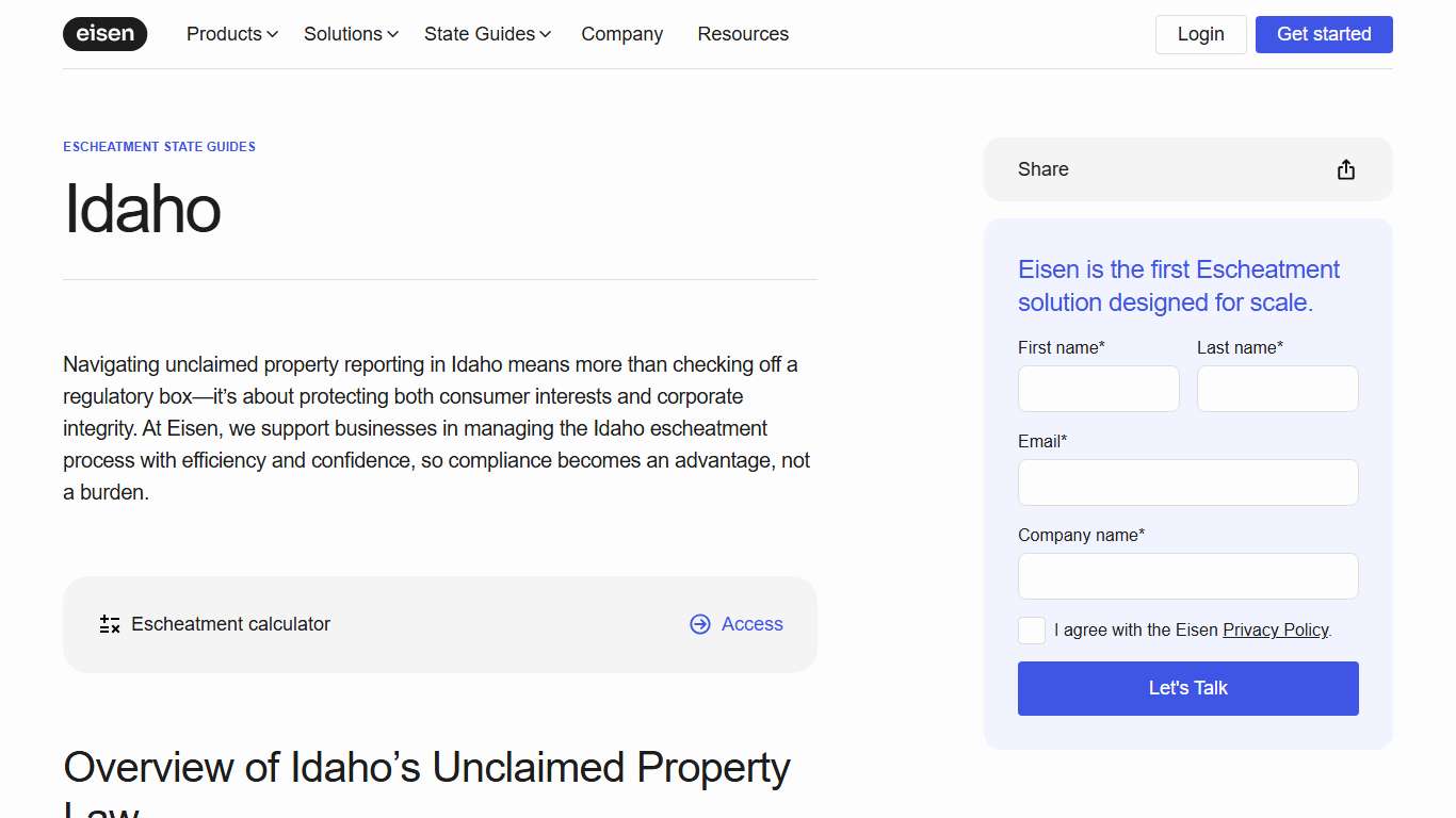 Idaho Escheatment Guide Eisen